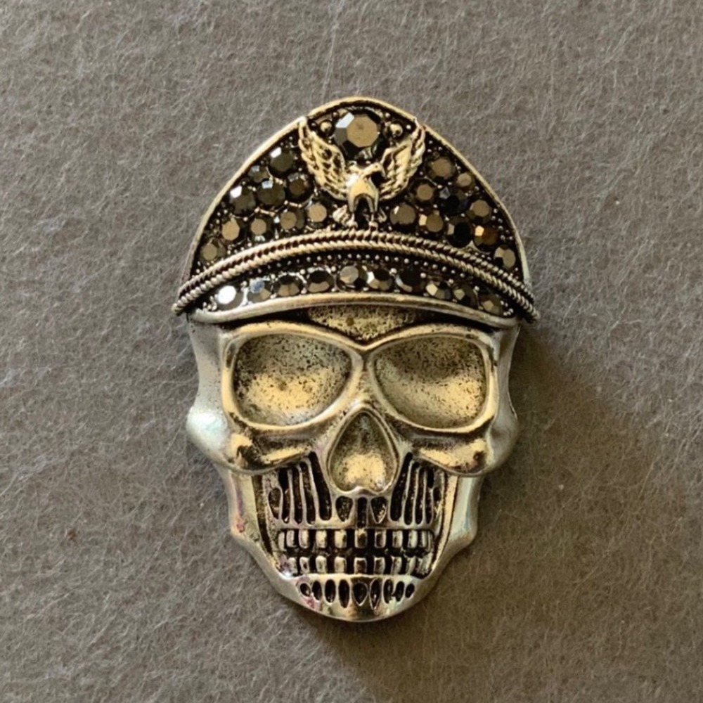 Vintage Gothic Rhinestone Biker Skull Brooch Pin Officer Military Hat Eagle